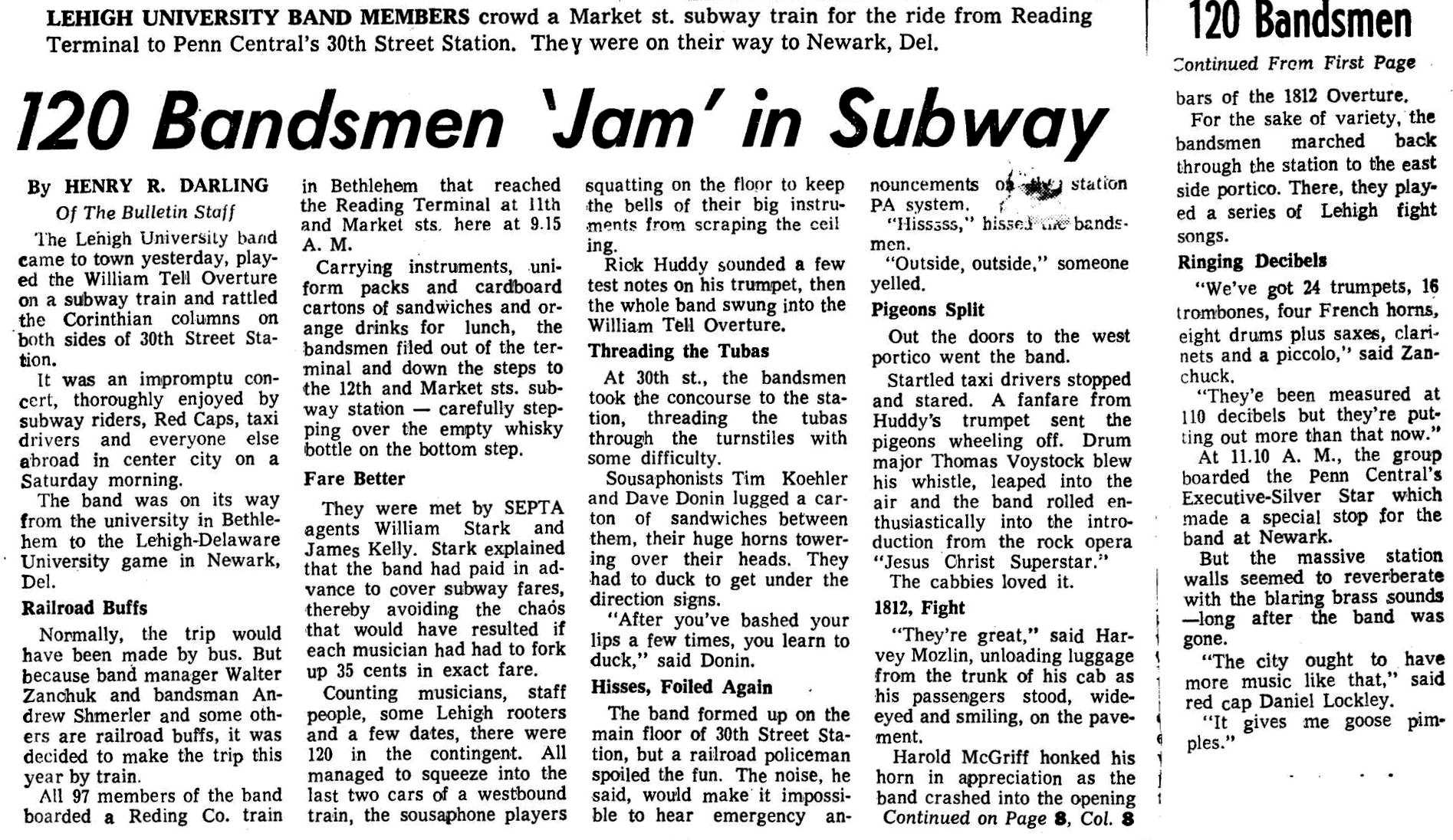 A newspaper article titled '120 Bandsmen 'Jam' in Subway' detailing the trip