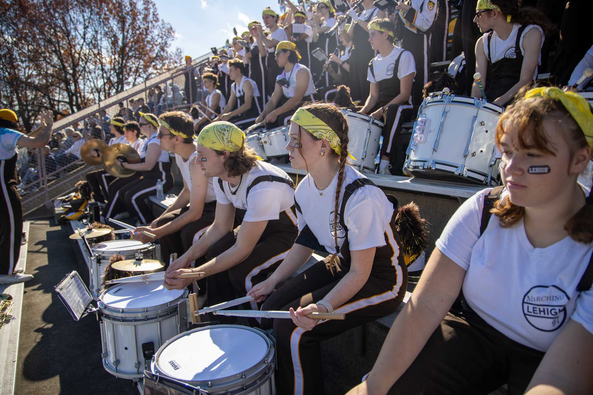 The percussion section playing in the stands